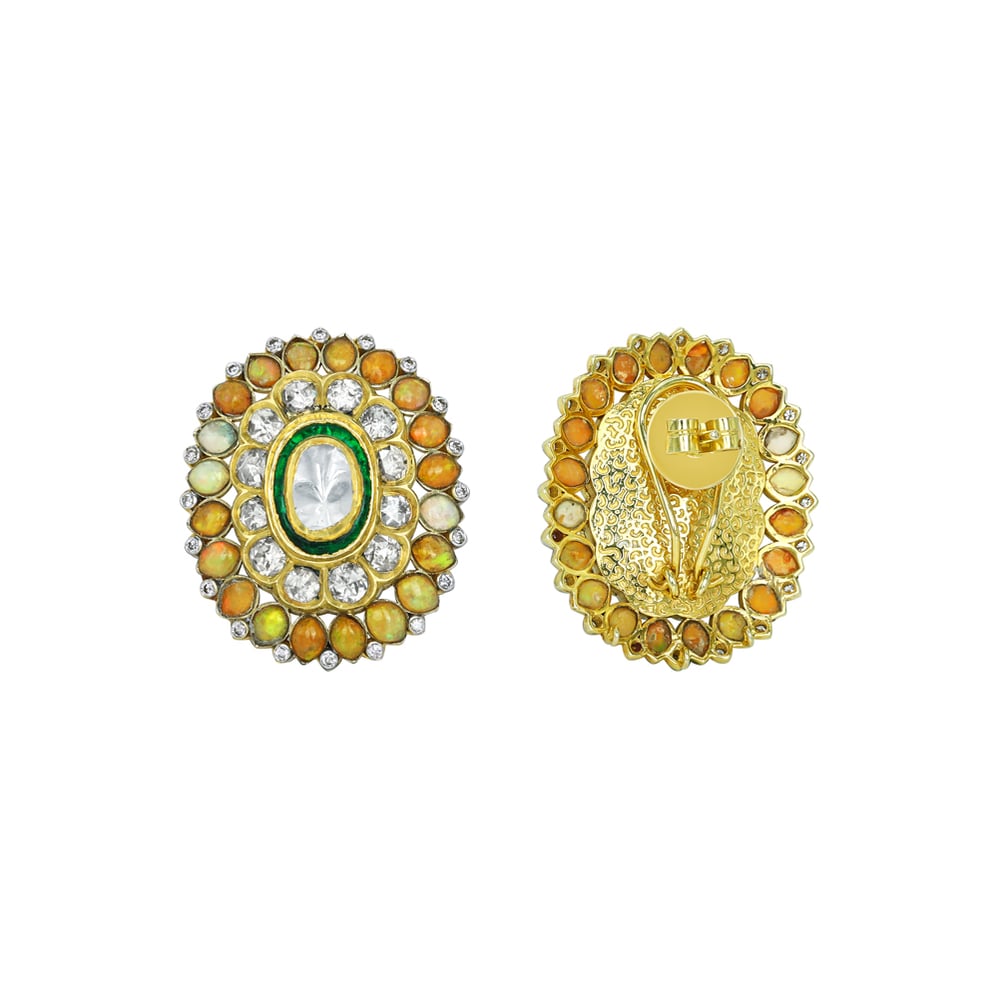 Polki Diamond Studs with Green Enamel and Opal Gemstone Halos